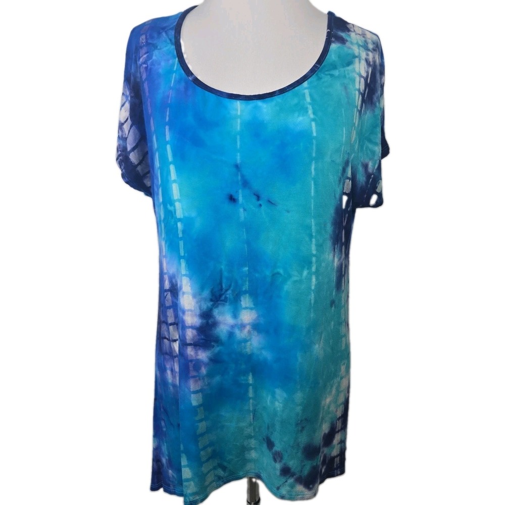 B.L.E.U. Women's Medium Tie-dyed‎ Short Sleeve Tunic Top Blue Jersey